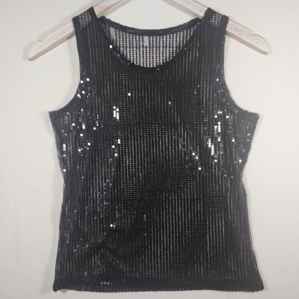 Black Sequin Mesh Tank Top‎ Sleeveless Scoop Neck Shimmer Party Blouse
